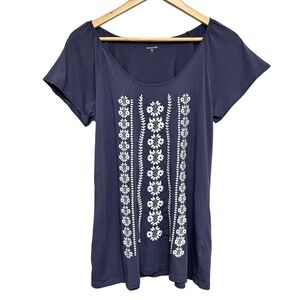 Garnet Hill Embroidered Floral Tunic Top Womens‎ S Blue Cotton Modal Boho Casual